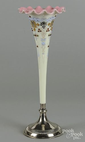 Enameled and jewel encrusted peachblow vase, with a silver plated base by Dixon & Sons, 17'' h.