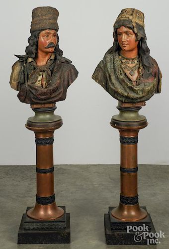 Pair of Austrian painted terra cotta figures of a Turkish man and woman, late 19th c., mounted