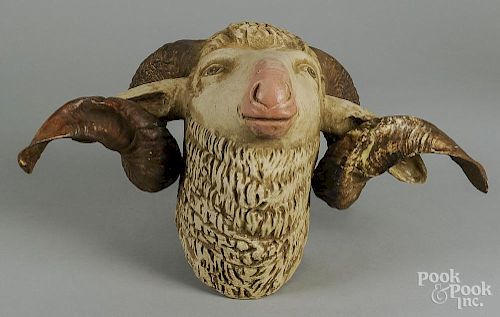 Carved and gessoed rams head, 10'' h., 19'' w.