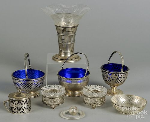 Sterling silver tablewares with glass inserts.