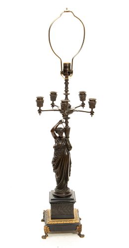 French Bronze Allegorical Roman Figure, Marble Base Table Lamp, H 38'' W 10''