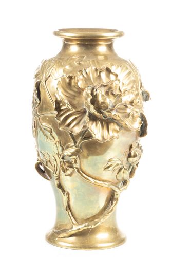 Art Nouveau Gilded Bronze Vase With Raised Flowers  19th C., H 9'' Dia. 7''