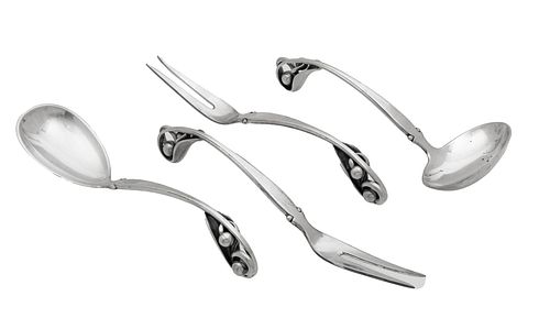 W & S Sorensen (Danish) Sterling Silver Serving Forks (2) Spoon, Ladle, Spoon L 9'' 5t oz 4 pcs