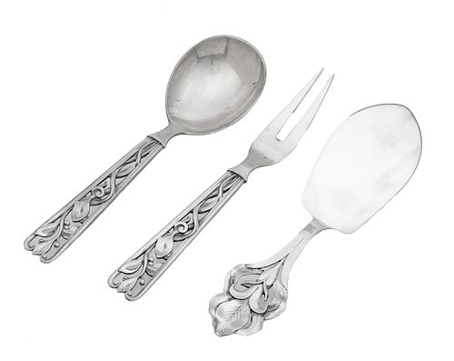 W & S Sorensen, Denmark  Sterling Silver Serving Spoon, Fork, Flat Server 9.3t oz 3 pcs