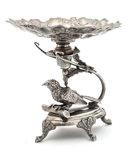 Wilcox Silver Plate Compote, Bird On Branch At Base C. 1880, H 7'' W 7''