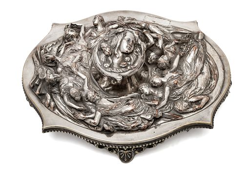 H & H Art Nouveau Silver On Copper, Inkstand, C. 1880, H 3'' L 9.5'' Depth 7''