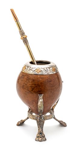 Portugal, 800 Silver And Gold Gourd Cup, Straw On Stand,