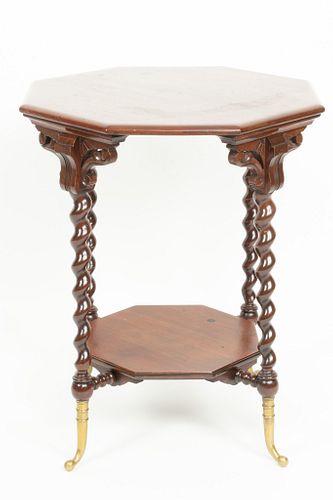 Oak Octagonal Table, Brass Feet C. 1900, H 30'' W 23''