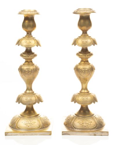 Polish Brass Candlesticks, C. 1900, H 14'' 2 pcs