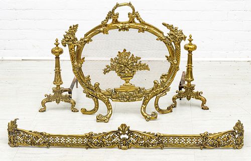 French Style Brass Fireplace Screen, Andirons And Fender H 27'' W 28'' 4 pcs