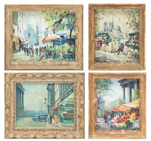 Paris Street Scenes Oil Paintings, C. 1960, H 8'' W 10'' 4 pcs