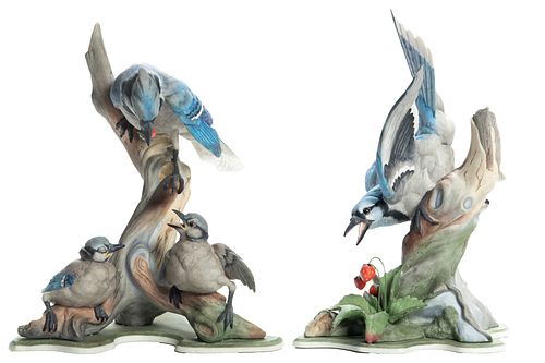 BOEHM LIMITED EDITION BISQUE FIGURES, 'BLUE JAYS', PAIR, H 14" & 12", WITH A CHAMELEON