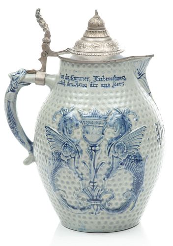 German Pottery Glazed Blue On Grey C. 1900, H 12'' W 8''