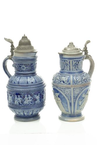 German Pottery And Pewter Beer Steins C. 1920, 13", 11.5" 2 pcs