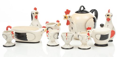 Art Deco  "Coq Rouge" Chicken China Breakfast Set 9 pcs