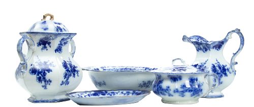 English Flo Blue Demi Porcelain Chamber Set (4 Pcs)+ Tray C. 1880, 5 pcs