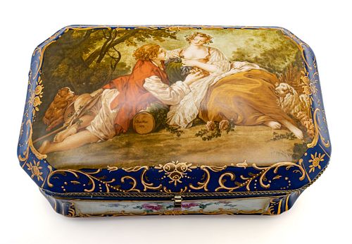 French Style Porcelain Jewel Box C. 1950, H 5.5'' W 11'' Depth 6''