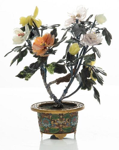 Chinese Cloisonne Pot, Hardstone Flowers C. 1950, H 8'' Dia. 3''