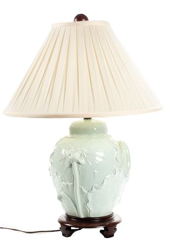 Celadon Porcelain Ginger Jar Style Lamp, H 28'' Dia. 10''
