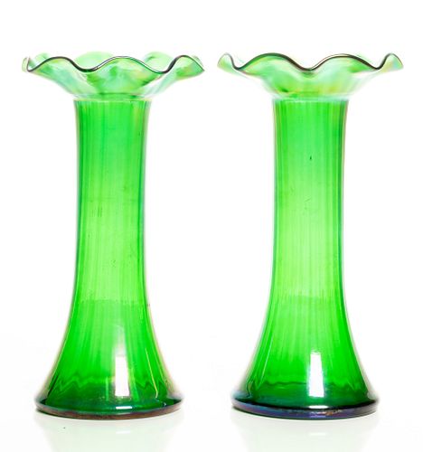 Handblown Iridescent Art Glasses Vases, 20th C., Pair, H 10'' Dia. 5''