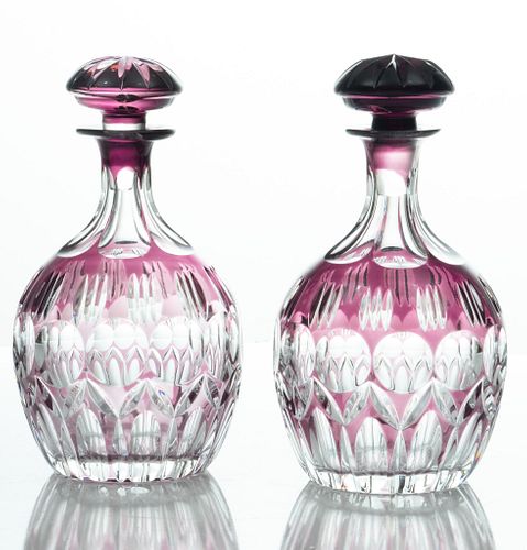 Czechoslovakia Crystal Overlay Decanters, Lavender And Clear H 9'' 2 pcs