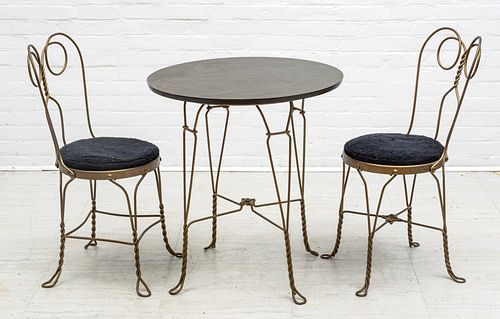 Wire And Pressed Wood Cafe Table And Two Chairs C. 1900,