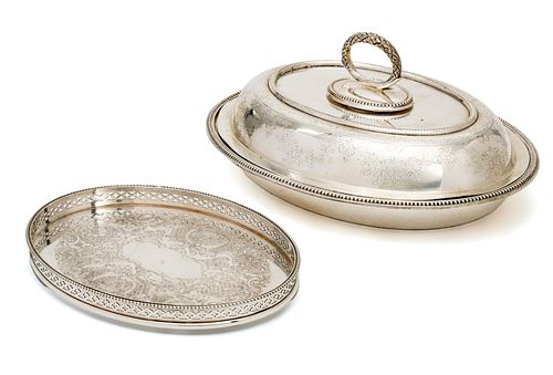 Edward & Sons, Old Sheffield Plate Entree Server C. 1900, Also Gallery Tray, W 9'' L 12''