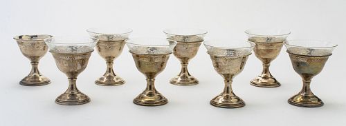 Sterling Silver Ice Cream Dishes, 7 Crystal Inserts C. 1930, 8 pcs