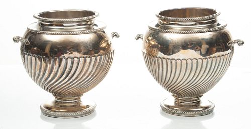 English Sheffield Silver Plate Champagne Coolers C. 19th.c., H 9'' W 10'' 2 pcs