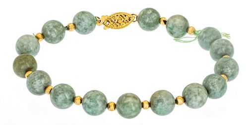 Chinese Jade Bead Bracelet, 14K Clasp And Spacers L 7''