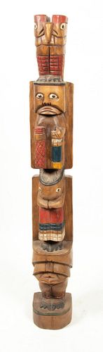 NORTHWEST COAST PAINTED CARVED WOOD TOTEMPOLE H 50.5", W 7" 