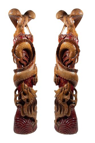 PAIR OF CHINESE POLYCHROME CARVED WOOD FIGURES, H 72", DIA 16", DRAGON AND PHOENIX