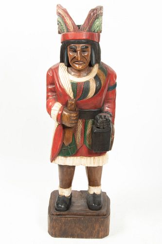 AMERICAN INDIAN PAINTED CARVED WOOD, CIGAR STORE FIGURE H 40", W 12", D 9" 