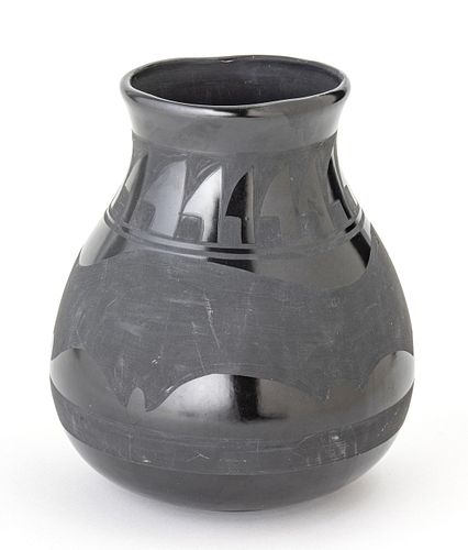 K. Yozzie, Navajo, Black On Black Pottery "Dynasaur" Jar H 9'' W 8''