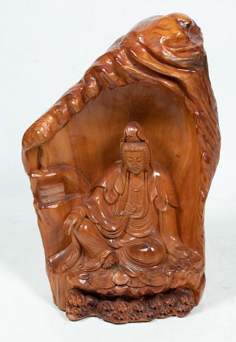CARVED WOOD SEATED QUAN YIN SCULPTURE, H 25", W 16", D 7.5" 