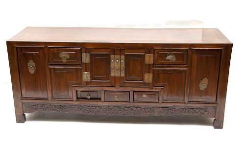 CHINESE CARVED WOOD CABINET, H 21 1/2", L 53 1/4", D 17 1/4"