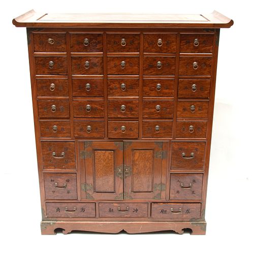 ASIAN CARVED WOOD APOTHECARY CHEST, H 43.5" W 38" D 16" 