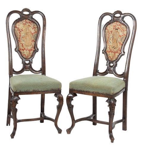 English Carved Walnut Side Chairs C. 1900, H 45'' W 18'' 2 pcs