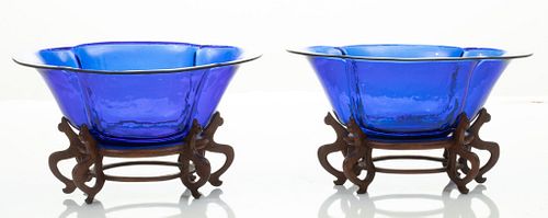 Chinese Pekin Glass Bowls, Cobalt Blue H 3'' L 9'' 2 pcs