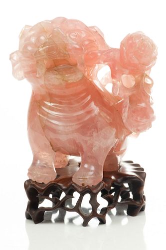Chinese Rose Quartz Sculpture . Foo Dog C. 1900, H 8.5'' W 7.5''