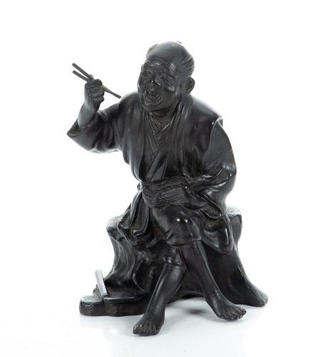 Chinese Bronze Seated Figure Of Man With Chopsticks, Signed C. 19th.c., H 6'' W 4''