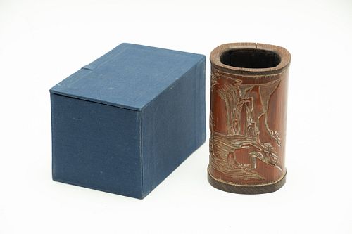CHINESE CARVED WOOD LIBATION CUP, H 5.25", DIA 3" 