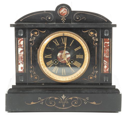 Black Belgian Marble Mantle Clock C. 1880, Retailed By Roehm & Wright, H 10'' W 10.5''