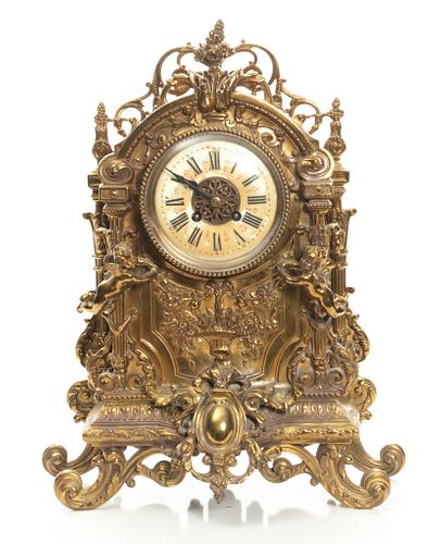 French Style Brass Baroque Mantel Clock  1900, H 18.5'' W 14''