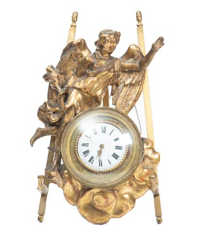 Italian  Antique Carved Wood And Bronze "angel" Clock  19th.c., H 7'' W 5''