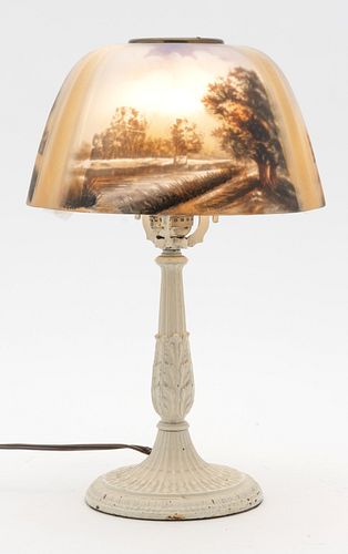 American Reverse Painted Glass Table Lamp C. 1900, H 16'' Dia. 10''