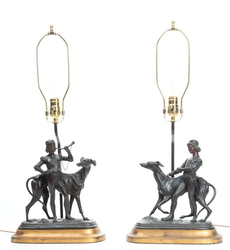 Pair Of Spelter Borzoi Wolfhound Lamps, H 26.5'' L 12'' 2 pcs