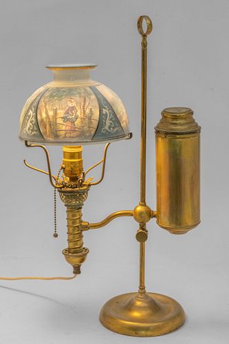 German Brass Counterweight Student Lamp, Lithopane Glass Shade H 20''