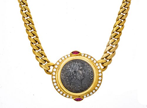 Roman Style 27mm Coin, Diamond And Ruby Frame,18K Gold Chain L 14''
