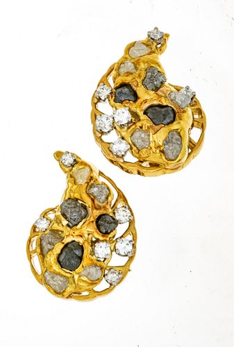 18k Gold, Rough Cut And Full Cut Diamond Earrings